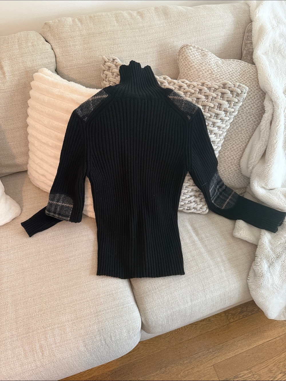 Burberry Black Ribbed Turtleneck with Plaid Elbow and Shoulder Accents